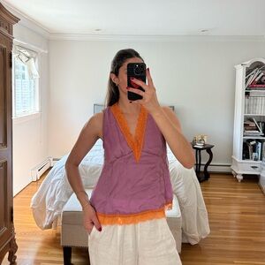 Women's Purple Sleeveless V-Neck Top with Orange Trim